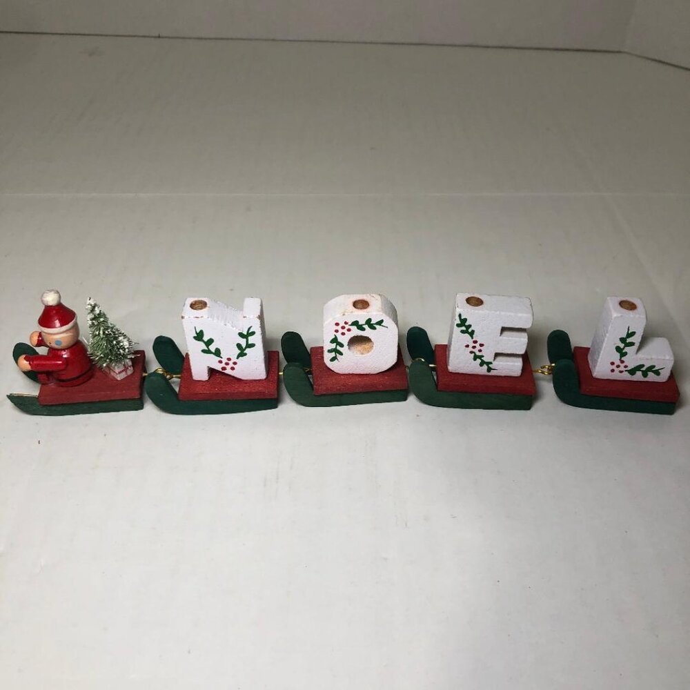 Vintage 1983 Christmas Wooden Noel Sled Train Set Candle Holder Santa Claus 80's